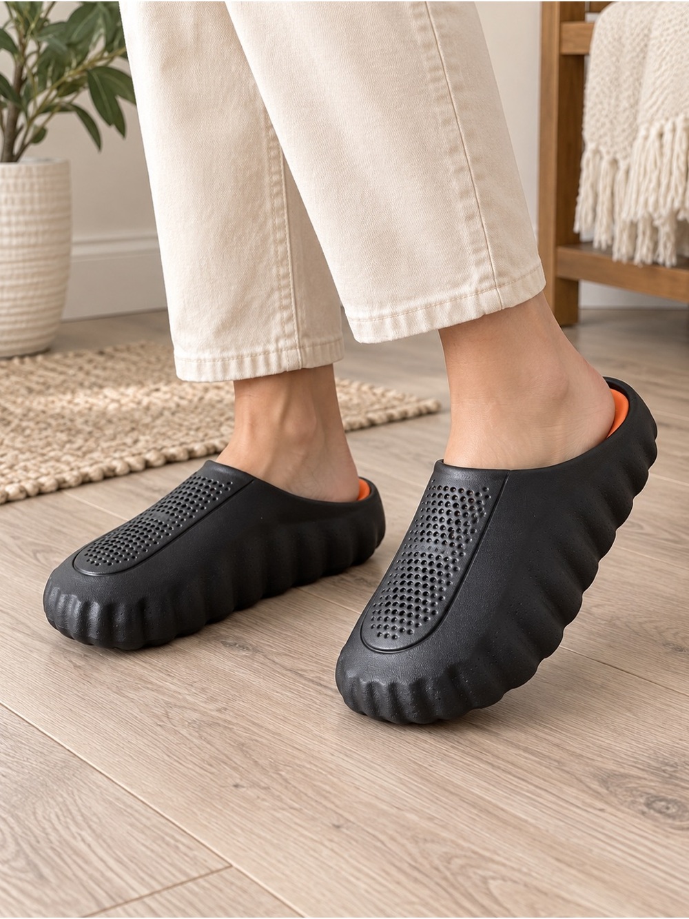 Black Orange Chunky Slip On Clogs Women’s EU 40 US 9 Ventilated Comfort Shoes
